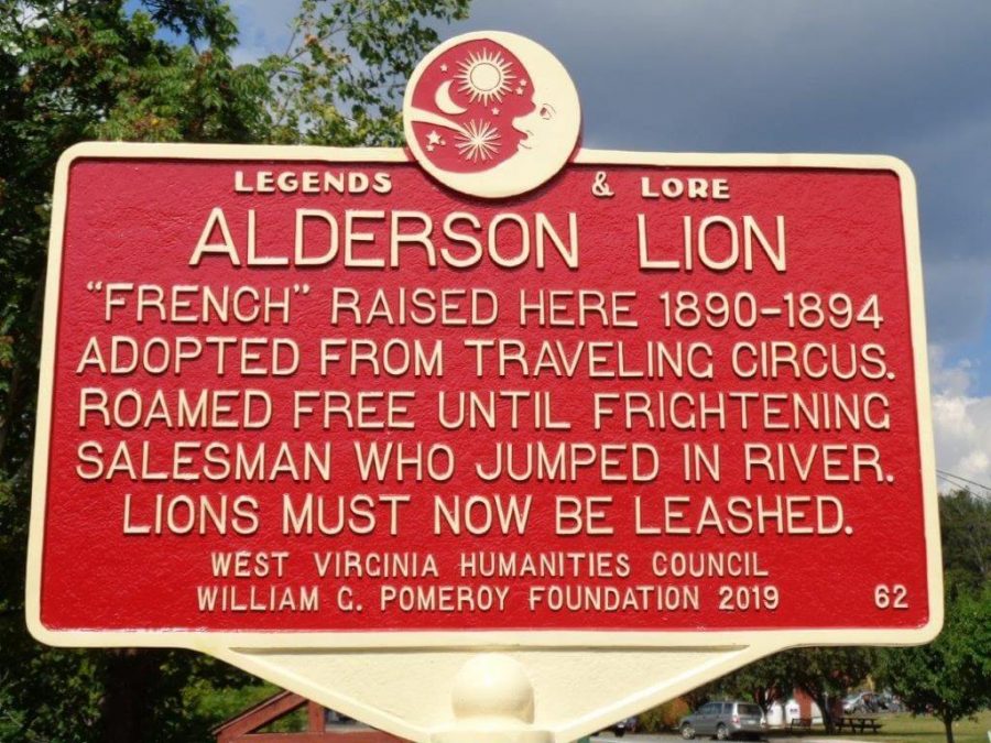 Alderson city sign telling Frenchs story.