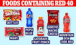 Most commonly known snacks containing red food dye 40. Image courtesy of The Daily Mail (UK). 