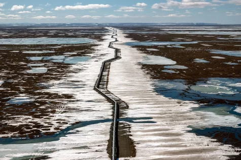 An oil pipeline stretches across the landscape outside Prudhoe Bay in North Slope borough, Alaska. Photograph: Bonnie Jo Mount/The Washington Post via Getty Images